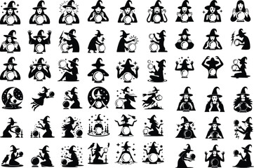 Witch with Crystal Ball Silhouette – Magical Fortune Teller Set Mystic Witch Silhouette – Crystal Ball Psychic Vector Design