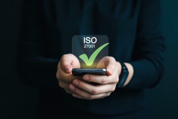 Hands holding a smartphone with an iso 27001 certification graphic.