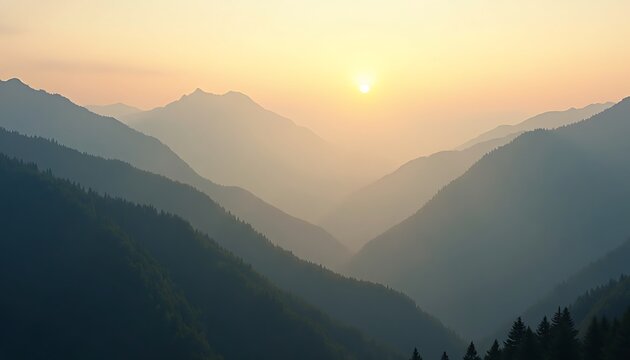 Mountain range with forest and trees at sunset in the hazy environment.
