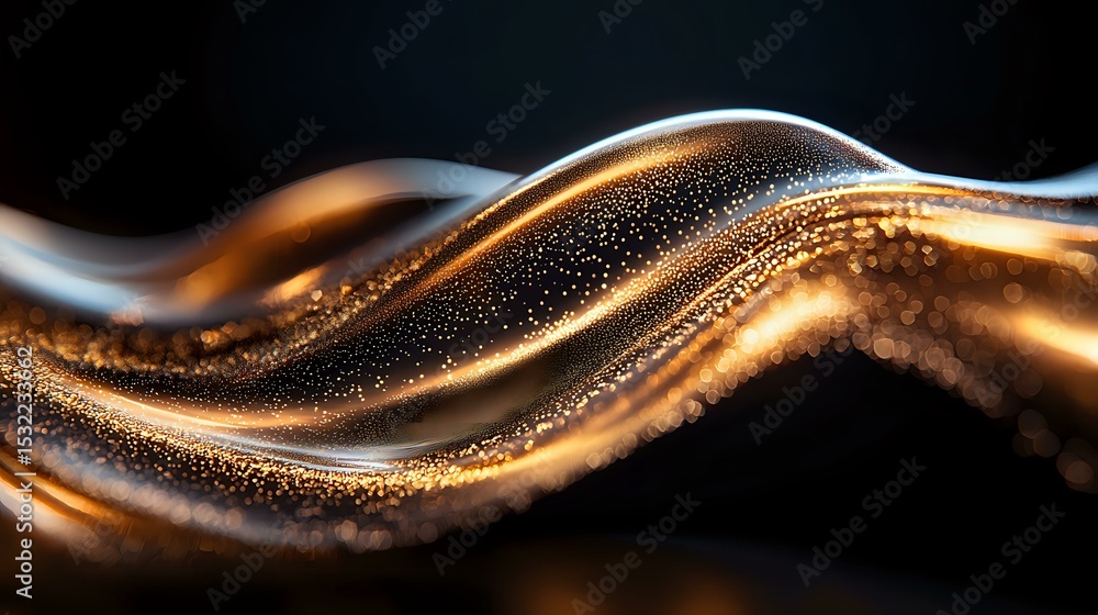 Poster glowing golden wave with sparkling particles flowing on black background creates luxurious abstract 