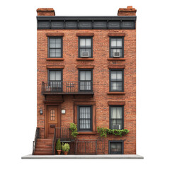 Fototapeta premium A three-story red brick townhouse with black framed windows, a brown front door, iron railings, and potted plants by the entrance. Png, Transparent background.