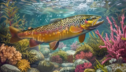 A beautifully illustrated scene of a trout swimming among colorful coral and aquatic plants in a clear freshwater environment, highlighting the intricate 