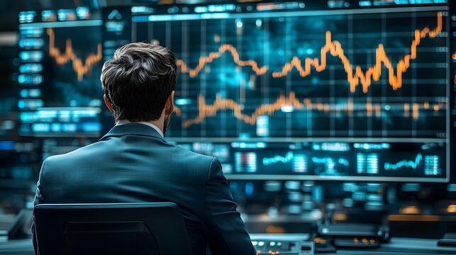 A businessman in a suit watches stock market data on a large monitor in a modern office while analyzing financial graphs and charts displayed.