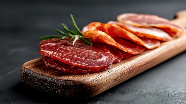 Assorted cured meat slices with chorizo and salami arranged on wooden cutting board with rosemary garnish against dark background, macro food photography.