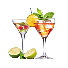 Cocktail Glasses, Four colorful cocktails in tall glasses with ice and fruit garnishes, isolated on transparent background