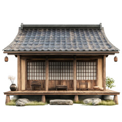 Traditional Japanese wooden house with tiled roof, sliding shoji doors, and a raised wooden porch featuring benches and potted plants. Png, Transparent background.