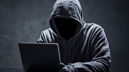 A hooded figure using a laptop in a dimly lit room with a dark background.