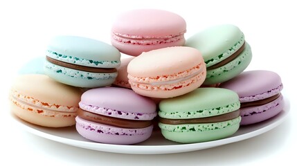 Obraz premium Colorful French macarons in pastel pink, mint green, peach and lavender arranged on white ceramic plate, sweet meringue-based sandwich cookies with cream filling.