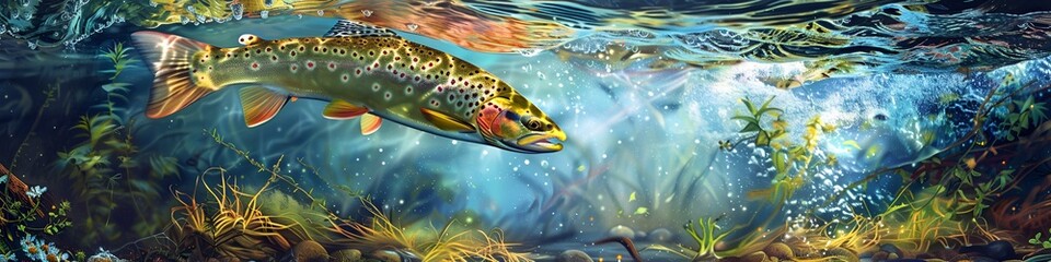Naklejka premium A dynamic illustration of a trout darting through the water, its body a blur of vibrant colors, with the riverbed and aquatic plants in sharp detail. 40k, full ultra hd, high resolution