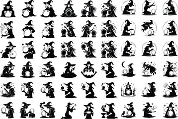 Witch with Crystal Ball Silhouette – Magical Fortune Teller Set Mystic Witch Silhouette – Crystal Ball Psychic Vector Design