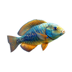 Fototapeta premium A colorful fish with vibrant blue and orange scales, detailed fins, and a streamlined body facing right. Png, Transparent background.