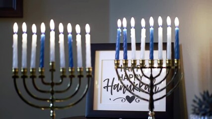 Two colorful menorahs with lit candles beside a festive Hanukkah print. - Powered by Adobe