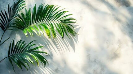 Minimalist white wall with palm leaf shadows background, abstract light texture design for product display, e-commerce visuals, digital media or web banners in natural flat style