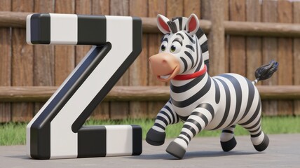 "Friendly 3D cartoon zebra trotting beside a black-and-white striped 3D letter 'Z', with a wooden fence in the background – classic and charming."