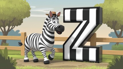 "Friendly 3D cartoon zebra trotting beside a black-and-white striped 3D letter 'Z', with a wooden fence in the background – classic and charming."