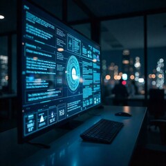 Fototapeta premium Ultra HD professional photo of a large transparent computer screen with AI interface, displaying futuristic holographic data visualizations, glowing blue elements on dark background 