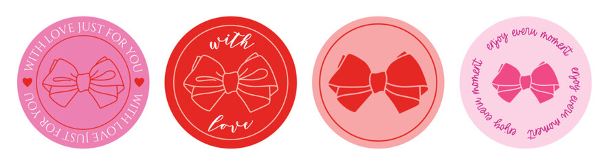 Сute set of stickers in round shape for gift with outline hand drawn bow, heart with inscription, colorful trendy label, vector illustration EPS10. Element for wrapping paper.