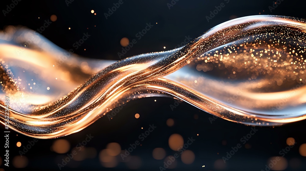 Aufkleber glowing golden waves with sparkling particles flow on dark background creating dynamic abstract comp
