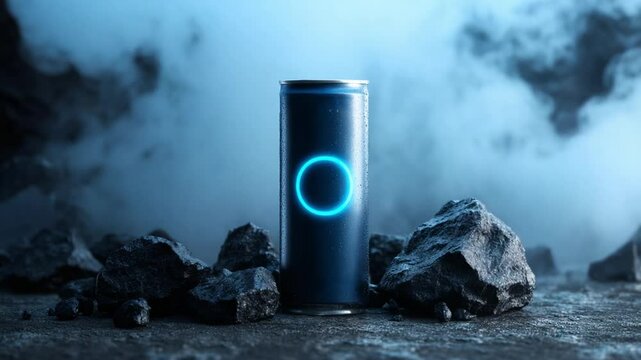 A unique beverage can with a glowing blue logo is placed among dark rocks, creating an intriguing contrast in a smoky, atmospheric setting that captures attention