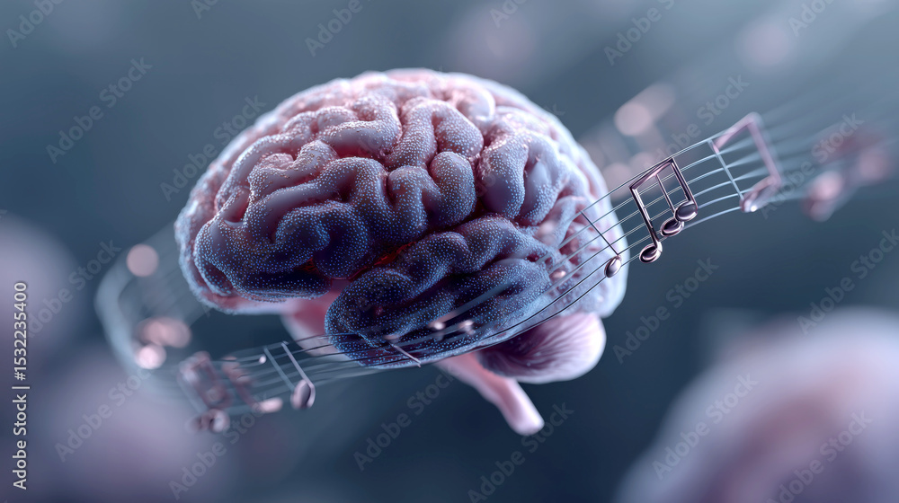 Aufkleber digital brain surrounded by musical notes symbolizes fusion of ai and music generating