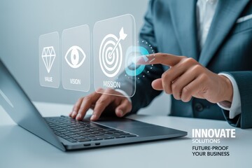 A person interacts with a holographic interface displaying value, vision, and mission concepts.