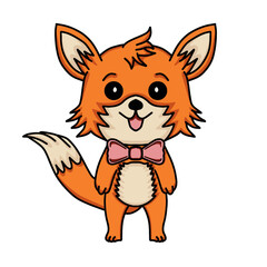Colorful cartoon fox with pink bow tie vector. Hand drawn cute orange fox character illustration