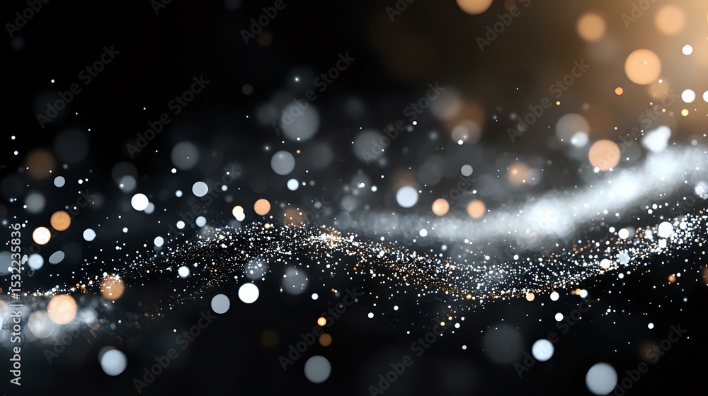 Poster magical glowing particles flow in dark space with white and golden bokeh lights creating ethereal at