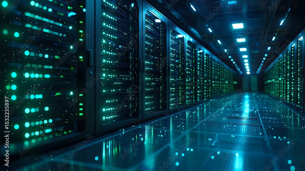 Poster modern server room with rows of data center equipment illuminated by blue-green led lights creating 