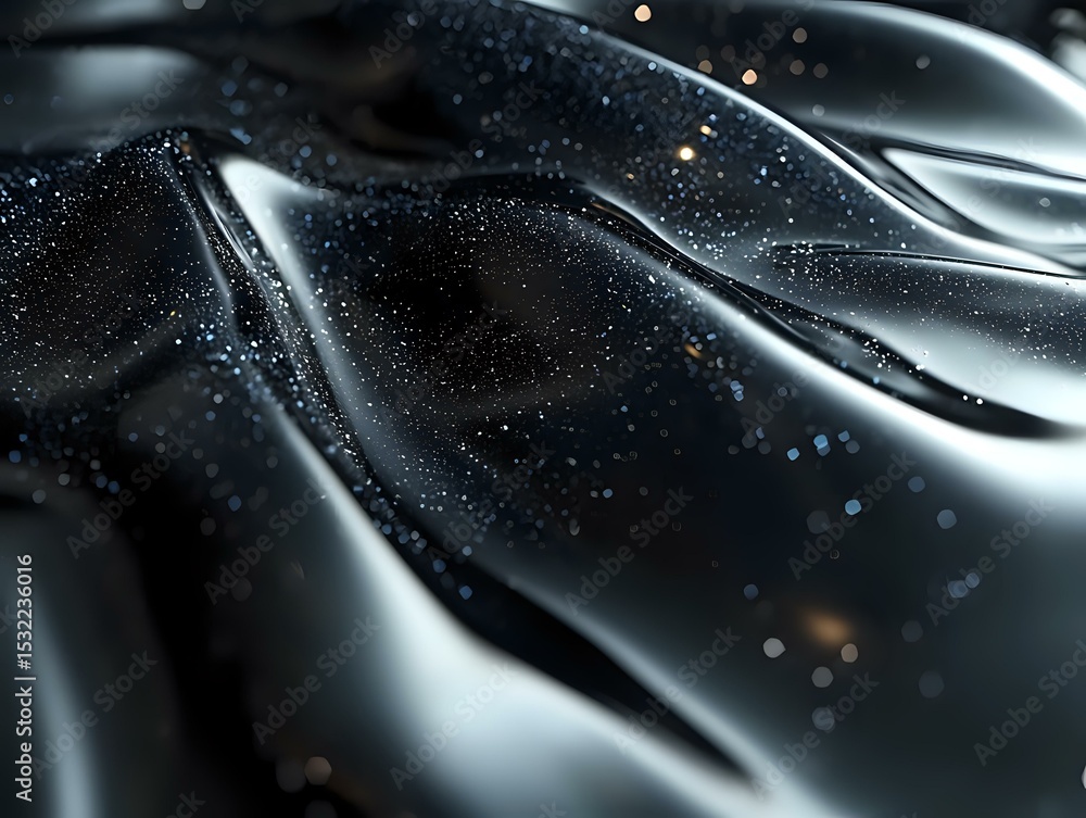 Poster abstract black liquid surface with shimmering particles and gentle waves creating dynamic texture an