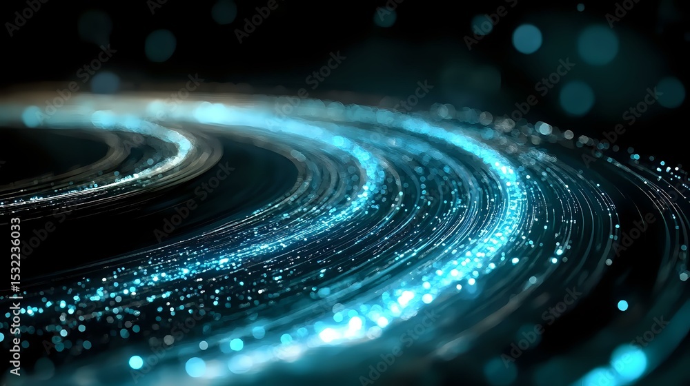 Poster glowing curved lines with bright blue particles and bokeh effects on dark background create futurist