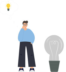 Person near light bulb, brainstorming and finding ideas, developing success business project, finding inspiration solution on plain backgroung