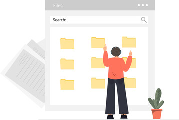 Person searching information, file management, arranging documents on plain background