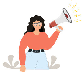 A woman speaking into a megaphone, communication, marketing message, advertising strategy, media or announcement information, plain background