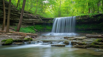 Obraz premium Serene waterfall flows over rock ledge into a shallow pool, surrounded by green forest