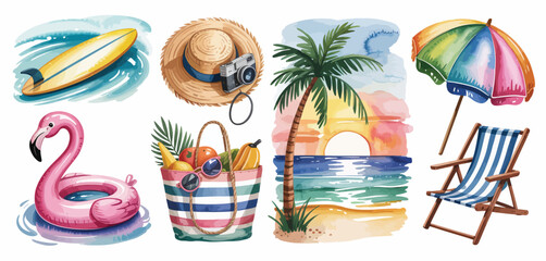 Naklejka premium Summer Vacation Watercolor Collection Beach Elements