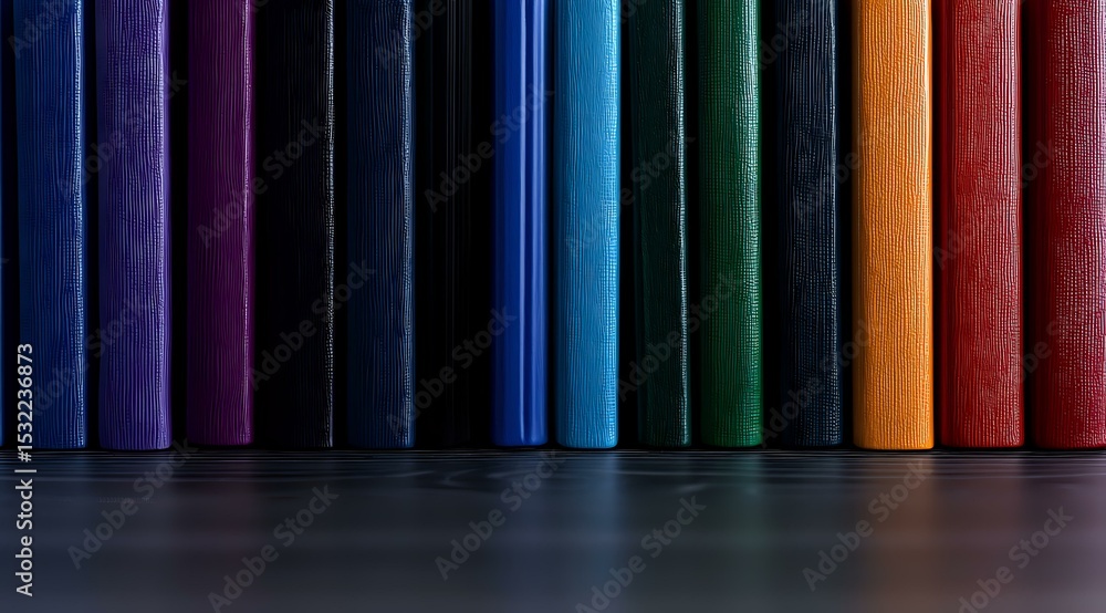Poster row of colorful book spines arranged in rainbow spectrum order standing on dark surface against blac