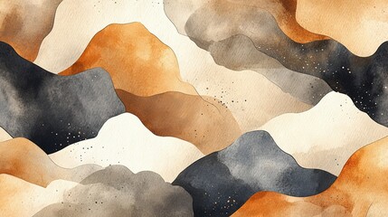 Close-up abstract watercolor painting with earthy autumn palette: Delicate black line art of leaves and flowers on white paper, soft brushstrokes creating serene nature-inspired artwork for packaging,