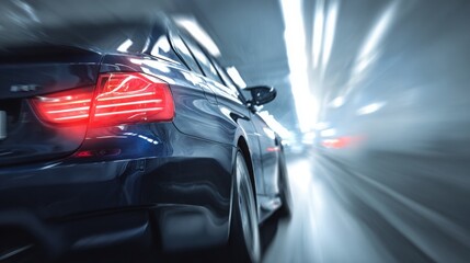 A car driving in a tunnel, close-up of the rear lights and side body with a motion blur effect. Electric vehicle concept car in the style. Blue in color.