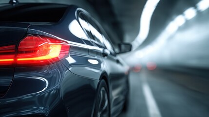 A car driving in a tunnel, close-up of the rear lights and side body with a motion blur effect. Electric vehicle concept car in the style. Blue in color.