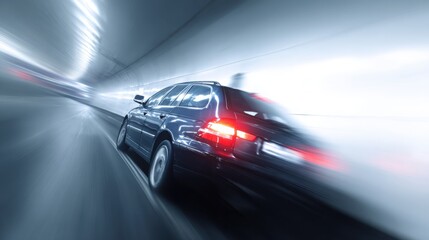 A car driving in a tunnel, close-up of the rear lights and side body with a motion blur effect. Electric vehicle concept car in the style. Blue in color.