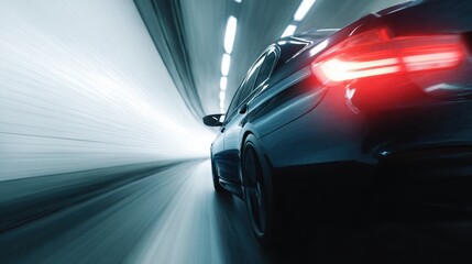A car driving in a tunnel, close-up of the rear lights and side body with a motion blur effect. Electric vehicle concept car in the style. Blue in color.