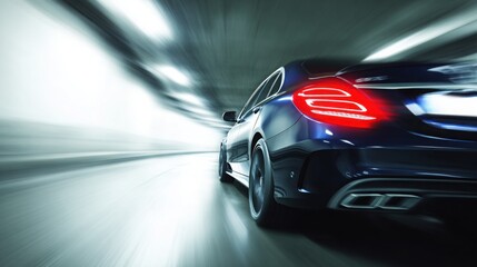 A car driving in a tunnel, close-up of the rear lights and side body with a motion blur effect. Electric vehicle concept car in the style. Blue in color.