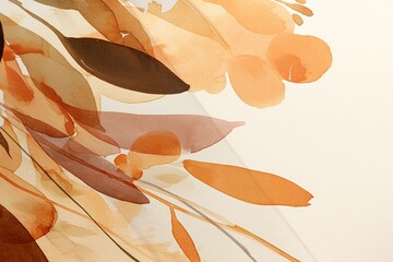 Close-up abstract watercolor painting with earthy autumn palette: Delicate black line art of leaves and flowers on white paper, soft brushstrokes creating serene nature-inspired artwork for packaging,