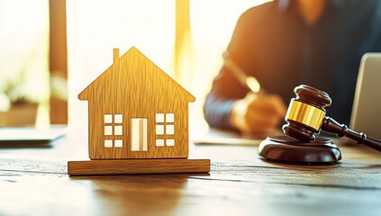 A real estate law specialist sits at a desk with a gavel, scales of justice, and a toy house, engaged in managing documents and executing contracts for clients with foreclosed properties