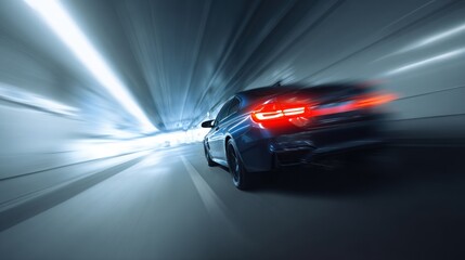 A car driving in a tunnel, close-up of the rear lights and side body with a motion blur effect. Electric vehicle concept car in the style. Blue in color.