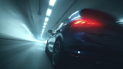 A car driving in a tunnel, close-up of the rear lights and side body with a motion blur effect. Electric vehicle concept car in the style. Blue in color.