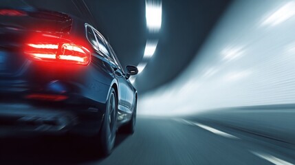 A car driving in a tunnel, close-up of the rear lights and side body with a motion blur effect. Electric vehicle concept car in the style. Blue in color.