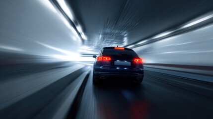 A car driving in a tunnel, close-up of the rear lights and side body with a motion blur effect. Electric vehicle concept car in the style. Blue in color.