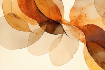 Close-up abstract watercolor painting with earthy autumn palette: Delicate black line art of leaves and flowers on white paper, soft brushstrokes creating serene nature-inspired artwork for packaging,