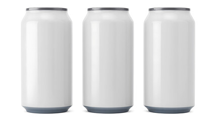 Three blank white aluminum cans isolated on white background mockup for branding design